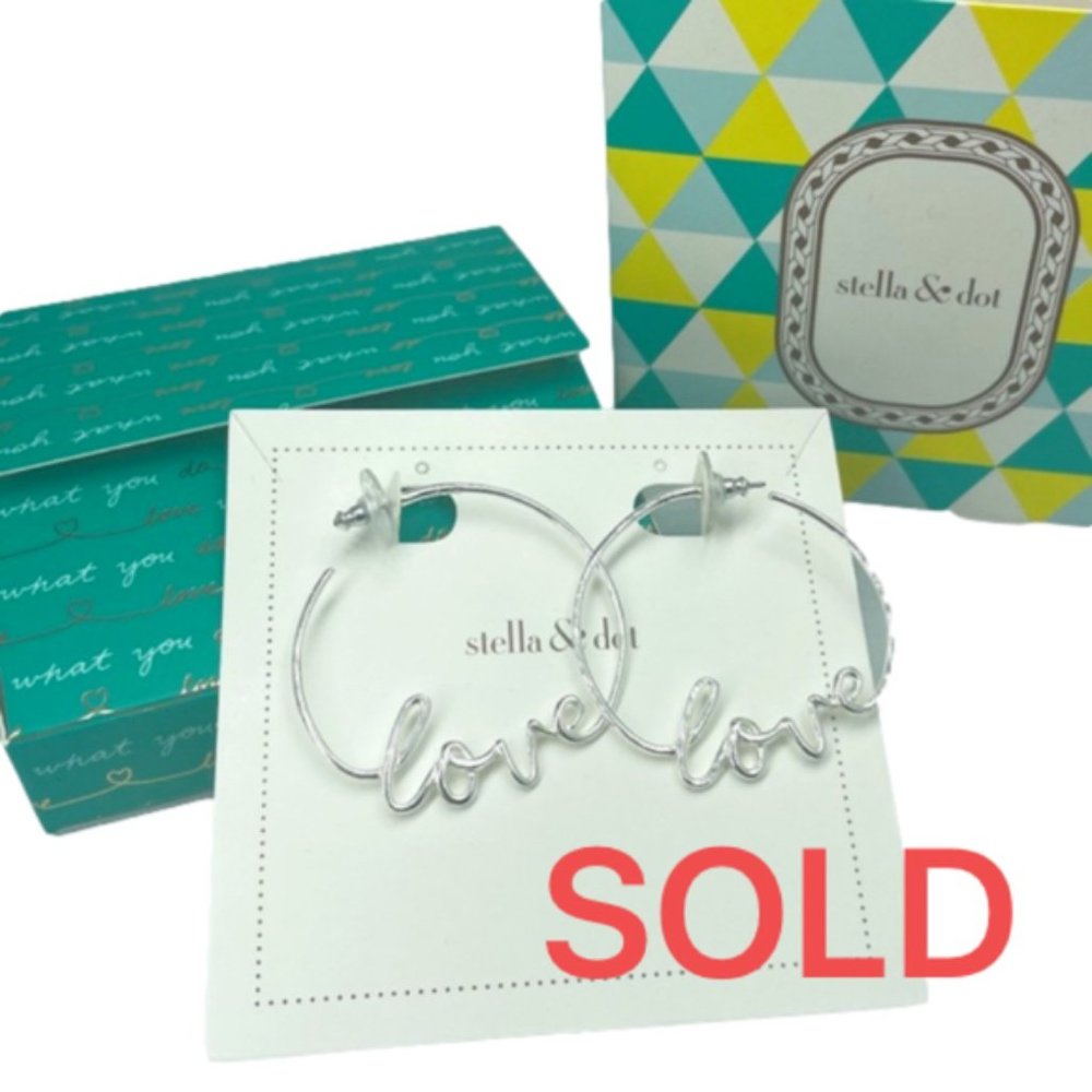 STELLA & DOT New in Box silver plated hoop LOVE earrings
